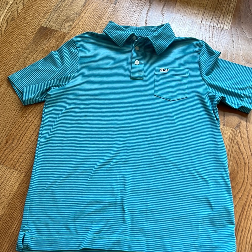 Vineyard Vines boys  blue/turquoise striped polo size medium 12–14